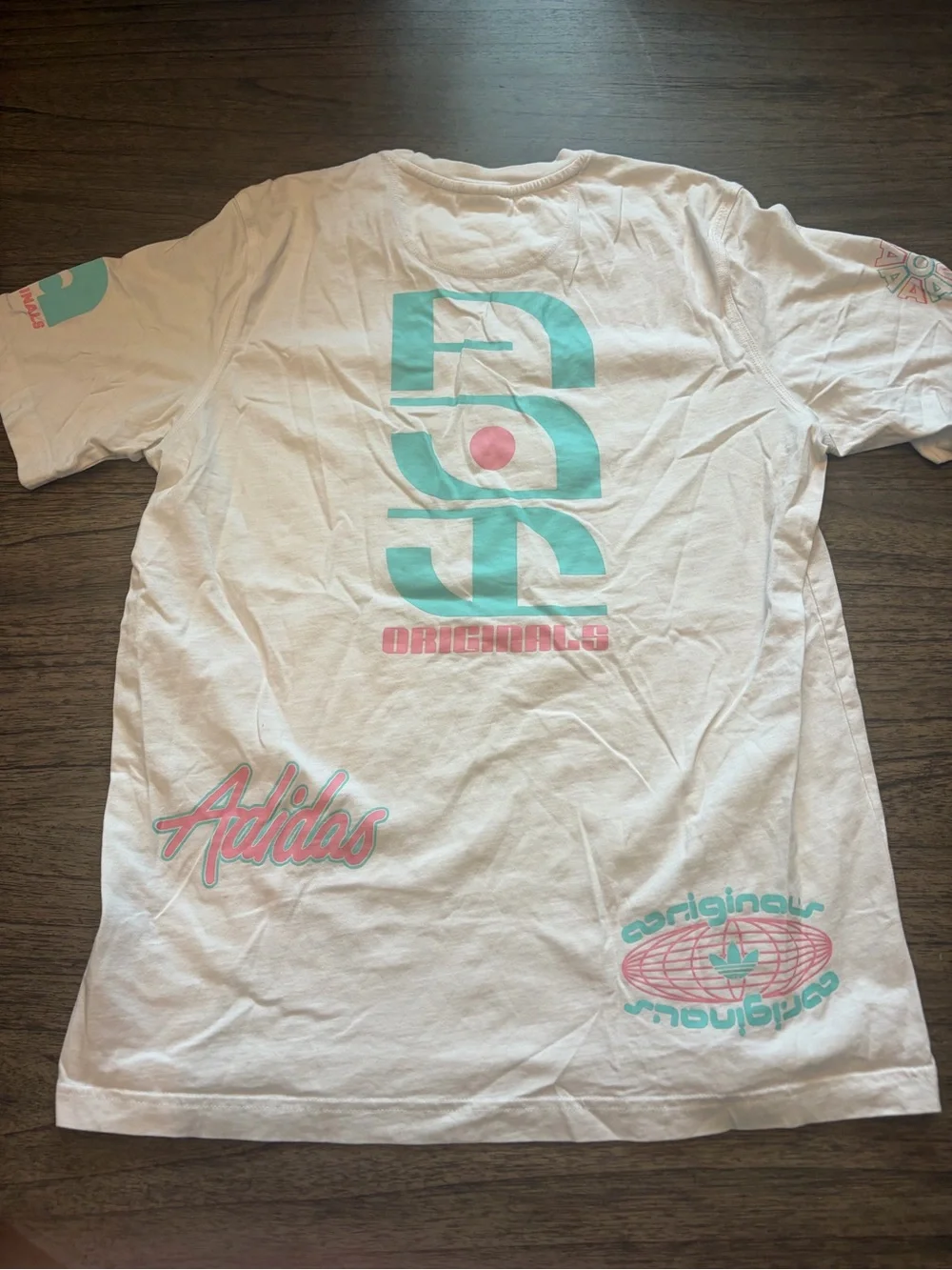 adidas White Short-Sleeve Tee with Pink & Teal Logos